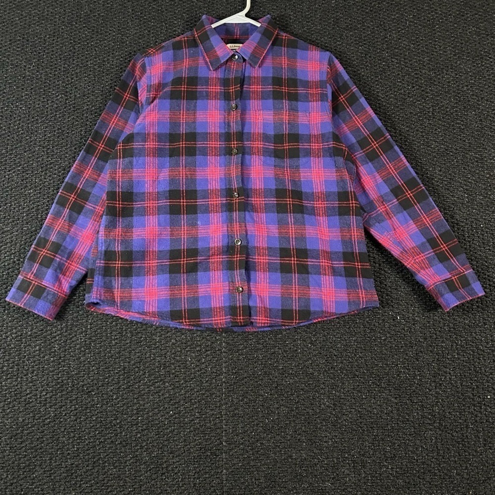 L.L. Bean Relaxed Fit Flannel Shirt Women Small Purple Red Plaid Long Sleeve
